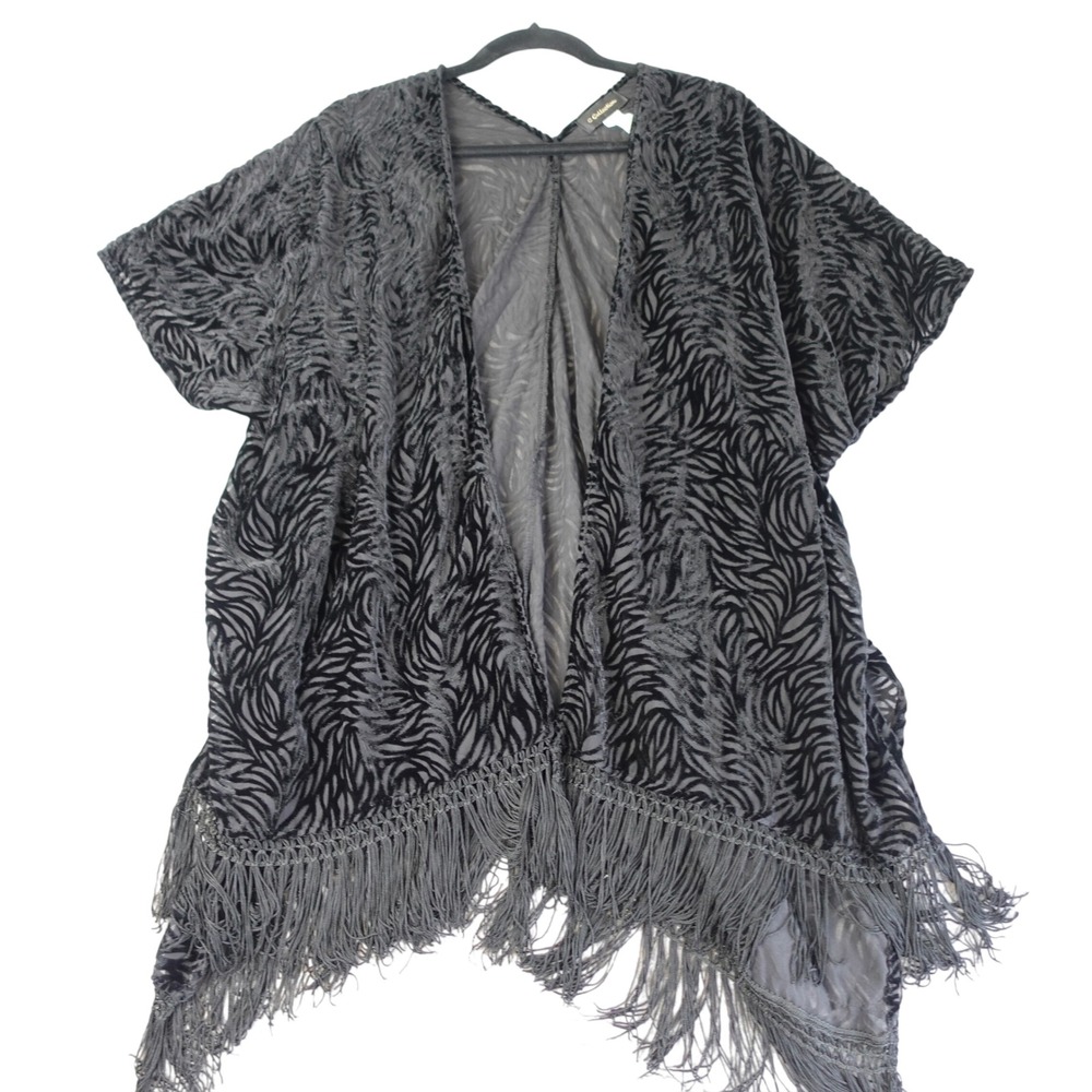 Vintage Kimono Womens OS Black Velvet Burnout Fringe Wrap‎ Cardigan Whimsigoth